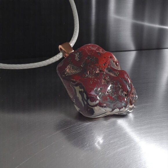 Brecciated Jasper Polished Stone Pendant Necklace Gray Leather Cord Adjustable - Picture 1 of 5